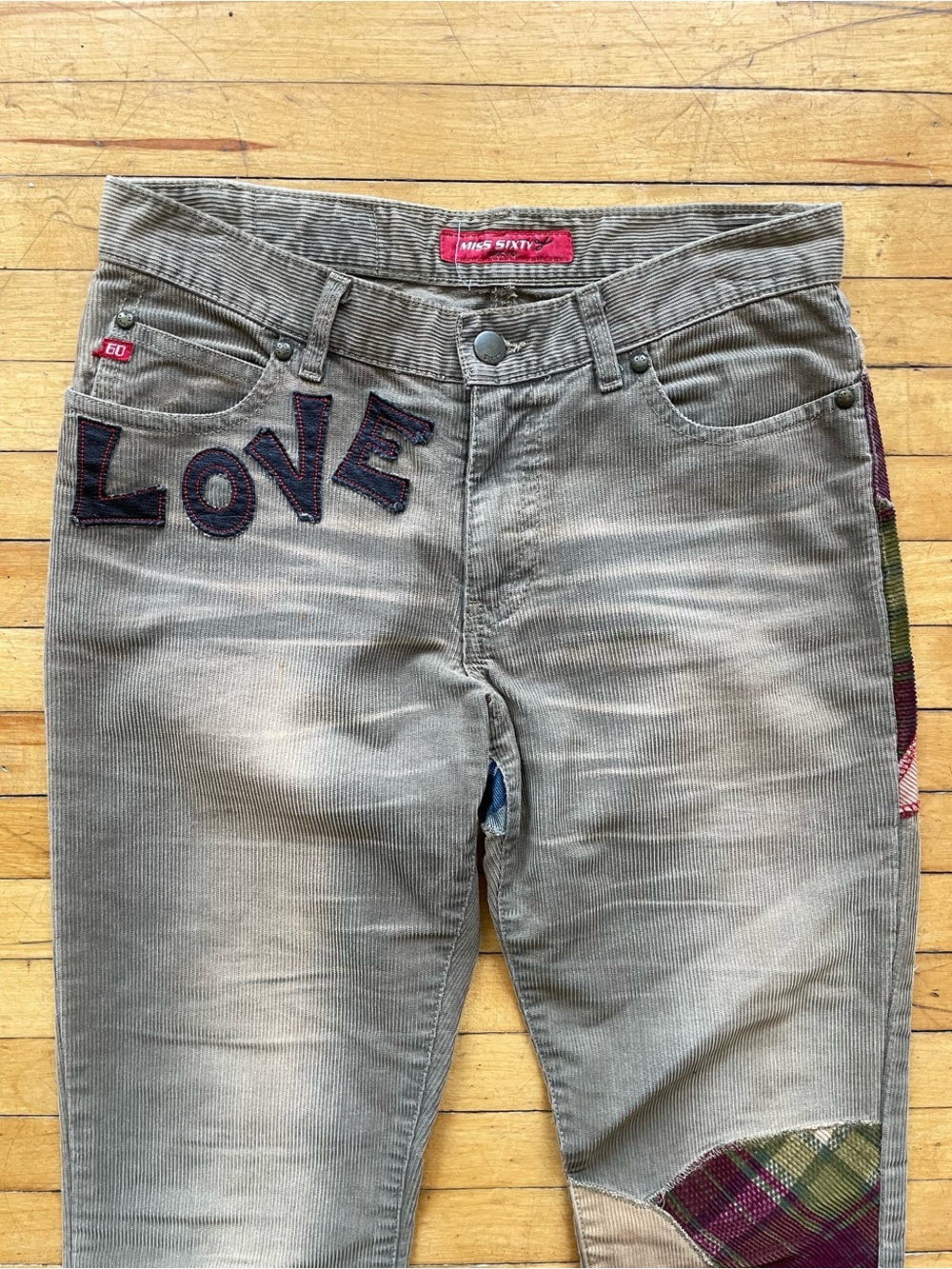 Y2K Miss Sixty Vintage Patchwork Love Flare Corduroy Jeans 26 Euro Hippy - Picture 6 of 16